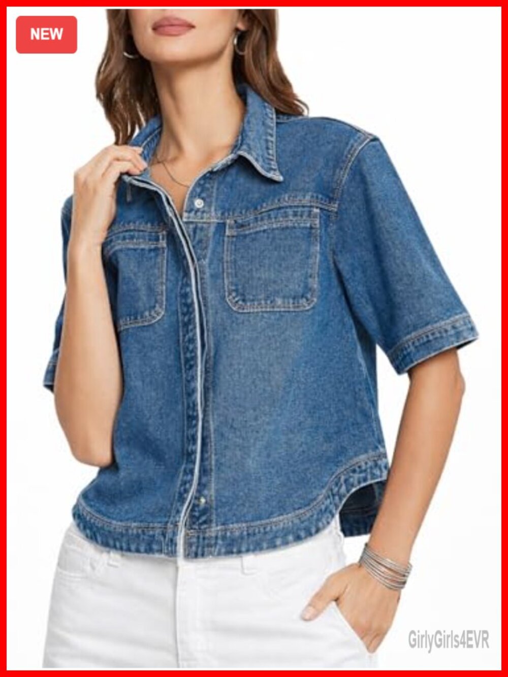 Women Short Sleeve Button Down Denim Shirt Casual Jean Top Shacket
